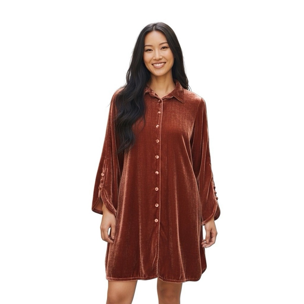 Soft Surroundings Women's Velvet‎ Boyfriend Tunic Shirt Button Front Rust Size S